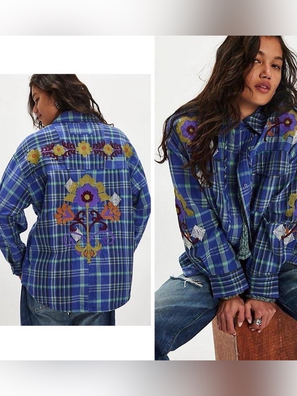 Free People We The Free Sashiko Floral Stitch White Blue Button Shirt L